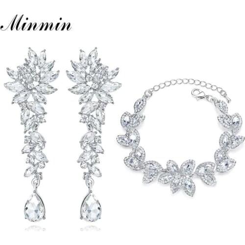 Minmin Sparkling Leaf Cluster Wedding Jewelry Set Luxury Bridal Silver Color Crystal Earrings Bracelet Sets Female MEH1566+SL046