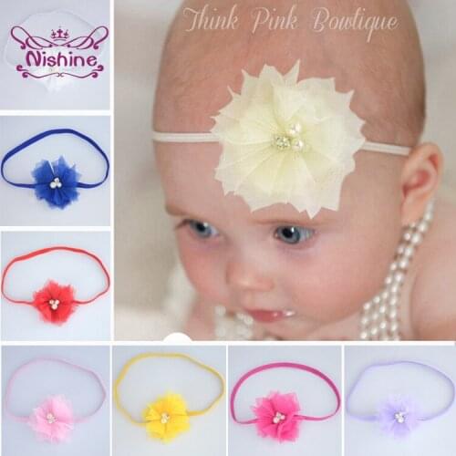 Nishine 6 CM Newborn Net Yarn Flower Elastic Headband Solid Color Lace Floral Hairband with Pearl Baby Girls Headwear Kids Gifts