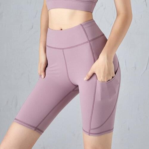 The new two-sided nude yoga pants womens spring/summer running fitness five-point pants show thin elastic sweatpants