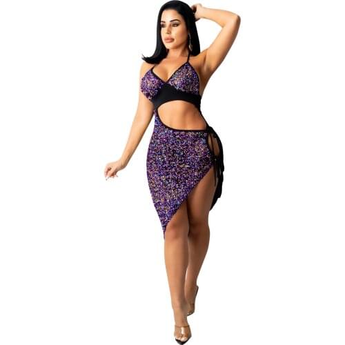 SUJYing Autumn New Fashion Sequin Sexy Suspender Hollow Out Fork Strap Dress Women