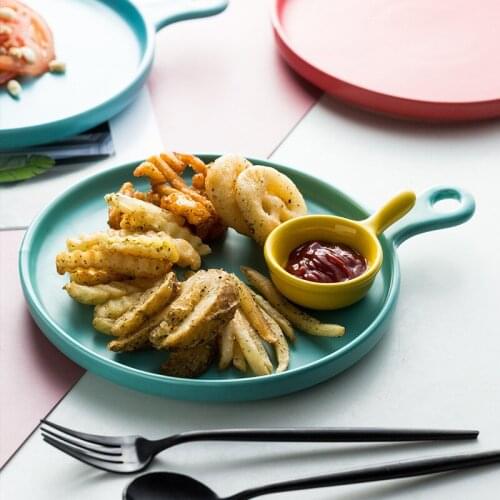 Creative 10 inch round ceramic plate with handle salad ceramic plate cake steak restaurant set plate