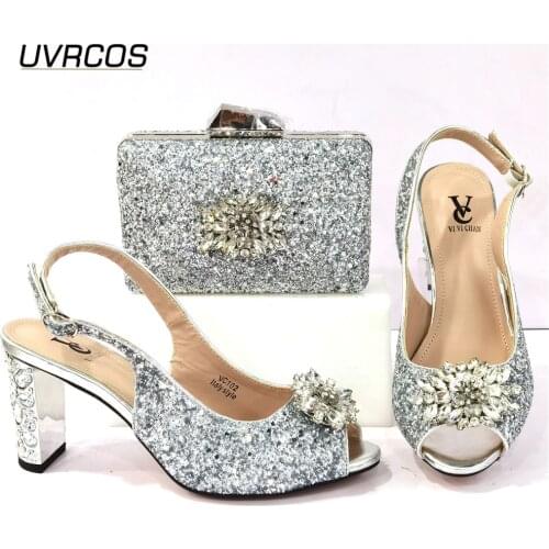 2021 Newest Italian Design Nigerian Sweet Party Women Shoes and Bag Set Decorated With Rhinestone and Appliques in Silver Color
