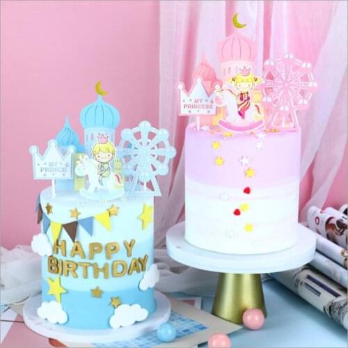 Castle Cake Topper Flags Girls Boys Windmill Prince Happy Birthday Decoration Cupcake Topper For Baby Shower Baking Supplies DIY