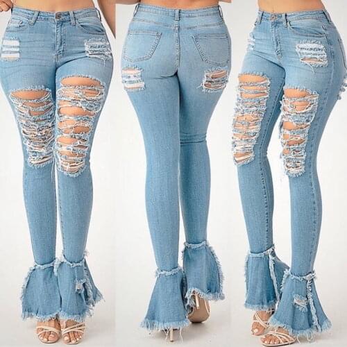 Women High-waisted Stretch Flared Denim Jeans Pants Washed Holes Ripped Demin Jeggings Ladies Slim Fit Skinny Flare Jeans