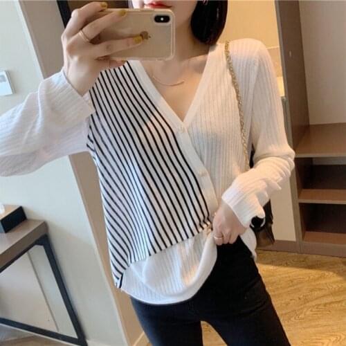Temperament Was Thin Striped Bottoming Sweater Women Spring and Summer New Large Size Womens Western Style Pullover V-neck Top