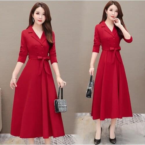 Vintage Suit Dress With Belt Women Spring Autumn Elegant High Waist Long Party Dress Office Lady Long Sleeve Slim Blazer Dresses