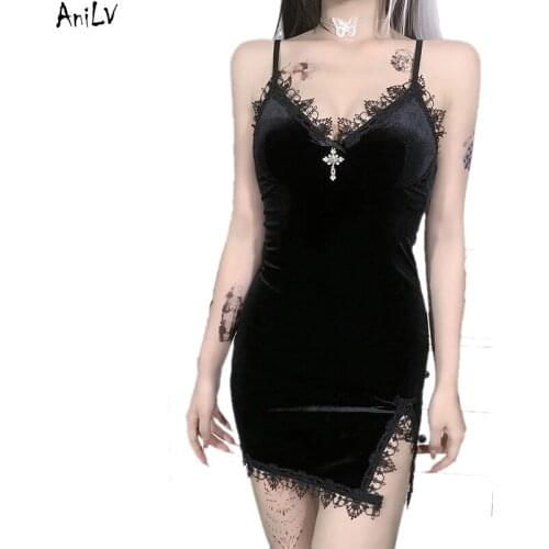 AniLV Middle Ages Gothic Dark Vampire Spaghetti Strap Dress Costume Lace Edge Cross Dress Medieval SCA LARP Cosplay