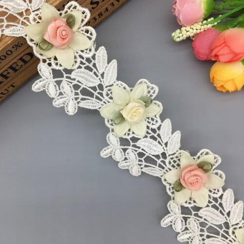 1 yd 4CM Courful Rose Flower Apricot Embroidered Lace Trim Ribbon Fabric Sewing Supplies Craft For Costume Dress Hat Decoration