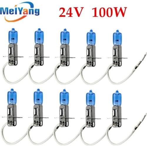 10pcs 24V H3 100W Auto Halogen Bulbs Car Light Source Parking Head Fog Lamps White Headlight High Power Super Bright