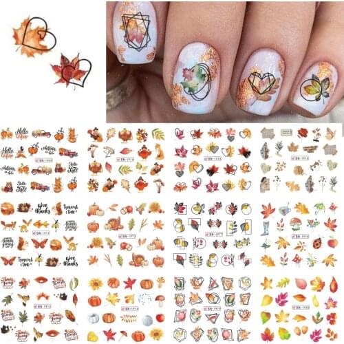 12 Designs Autumn Leaves Water Transfer Stickers For Nail Art Maple Geometry Abstract Patterns Slider Decoration JIBN1909-1920