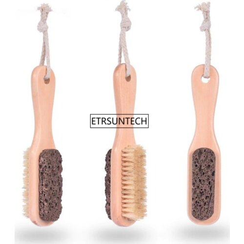 50pcs 2 In 1 Lava Stone Bristle Foot Brush Combo Wooden Handle Exfoliator Pedicure Calluses Scrubber Massager F3517