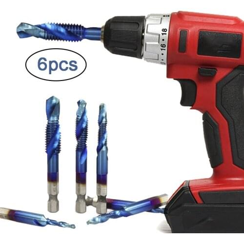6pcs Metric Spiral Taps Machine Plug Screw Taps Thread Tap Set HSS Drill Bits Hex Shank Nano Blue Coating