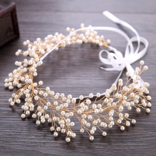 AiliBride Luxury Bridal Headband Tiara Pearl Wedding Headpiece Hair ornaments Tiara Gold Handmade Women Hair Jewelry
