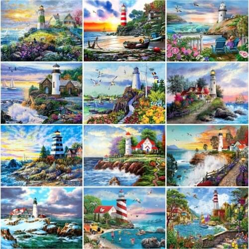 AZQSD Diamond Painting Lighthouse Mosaic 5D Rhinestones Diamond Embroidery Landscape Cross Stitch Handmade Wall Decoration