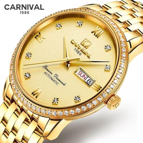 Men Gold Watches Automatic Mechanical Watch Male Wristwatch Steel Band Carnival Luxury Brand Calendar Business Design