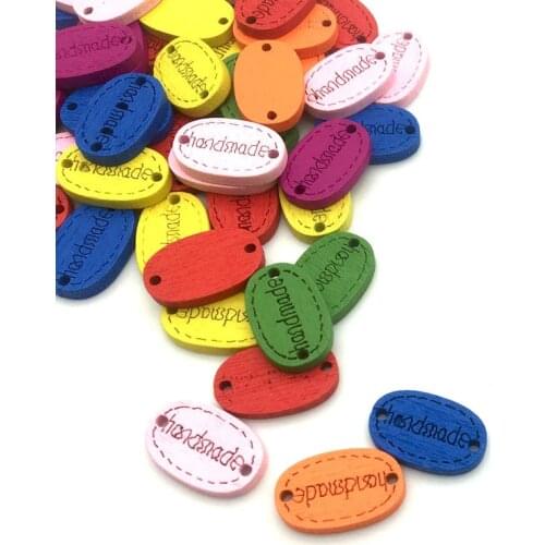 50PCS/Lot 18X11mm Mixed Wooden Button "Hand Made" Tags Wood DIY Sewing Accessories For Clothes Handmade Scrapbooking Craft SC014