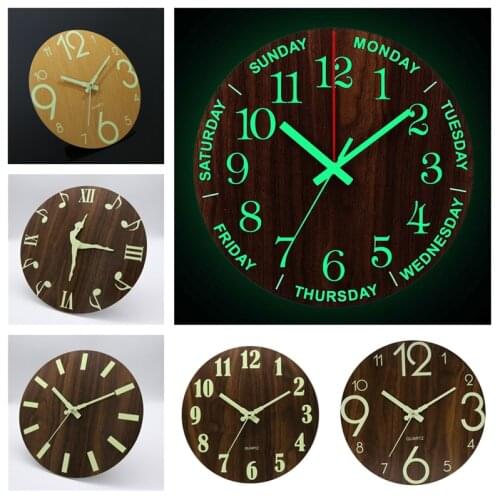 Week Wooden Luminous Wall Clock 12 Inch Number Silent Glowing In The Dark Kitchen Clocks Night Light Indoor/Outdoor Living Room