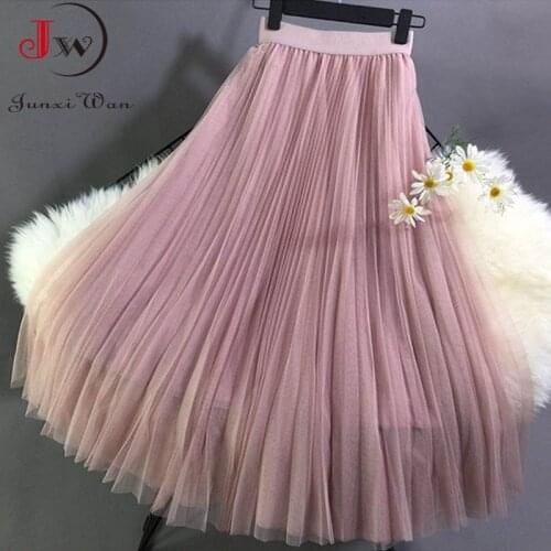 Double Layer Sweet Mesh Pleated Skirt Women Elastic High Waist Solid 2021 Spring And Summer Elegant Long Skirts Saias