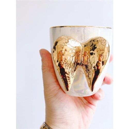 Ceramic Gold coffee Mugs angel wing shape cup cute Creative Milk Mug with spoon Home Office Cup For Fruit Juice Novelty Gifts