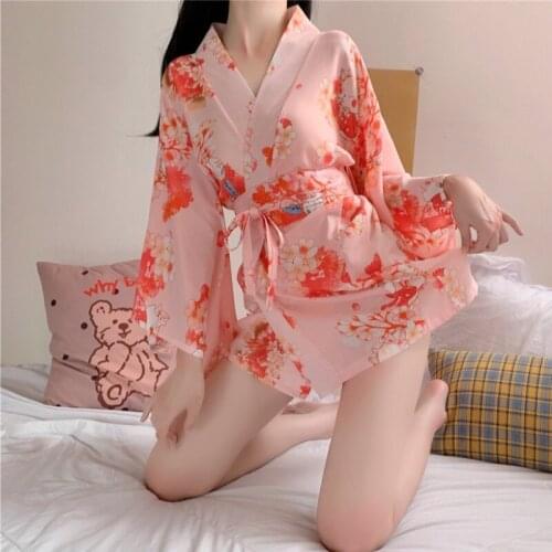 Japanese Style Cherry Blossom Kimono Sweet Cute Bathrobe Nightgown Outerwear Homewear V-neck Sexy Pajamas for Women Summer