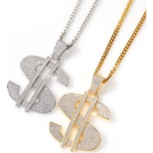 Hip Hop Men Gold Color Dollar Pendant Necklace Copper Inlaid Zircon Pendant Necklace Ice Out Cuban Neckalce For Men