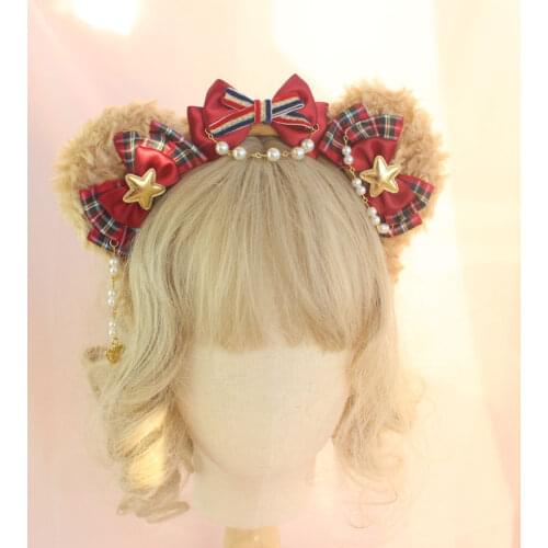 Origional Hand Made AP Teddy Bear Lolita Plaid Crown Bear Ear Hair Bands Lolita Bear Ear KC