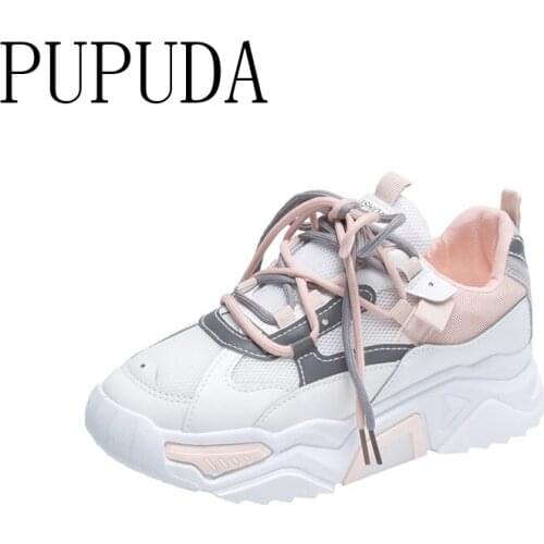 PUPUDA White Sneakers Women Mesh Chunky Sneakers Casual Shoes Women New Platform Shoes Lighted Shoes Women 2020