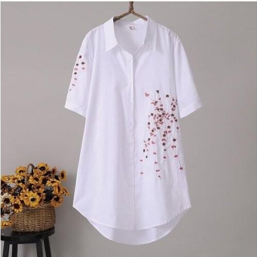 100% Cotton Women White Shirts Summer New Vintage 2021 Flower Embroidery Straight Long Loose Casual Female Outwear Tops