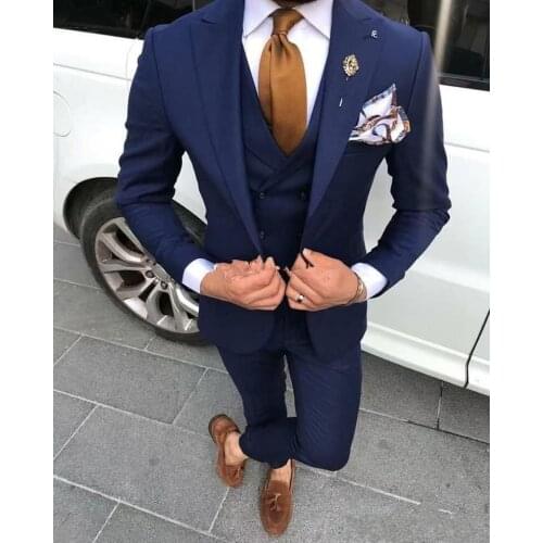 Stylish Design One Button Navy Blue Groom Tuxedos Groomsmen Peak Lapel Mens Suits Blazers (Jacket+Pants+Vest+Tie) W:1092