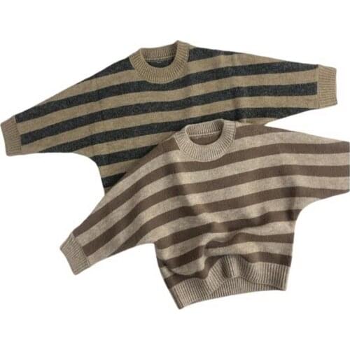 Girls Sweater Big Brown Black Stripe Knitted Boys Outwear Kids Toddler Pullover O-Neck Warm Winter Korea Children Gir lClothing