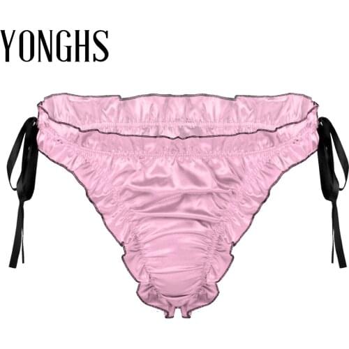 Sexy Mens Ruffles Satin Bulge Pouch Briefs Panties Erotic Lingerie Sissy Underwear Breathable Lace-up Pleated Trim Underpants