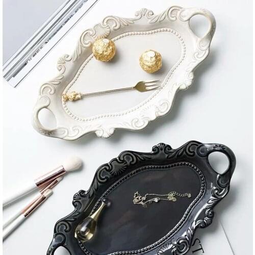 European Retro Ceramic Steak Fish Plate Dessert Dish Tableware Embossed Double Ear Tray Kiln Glaze Dinnerware Jewelry Tray