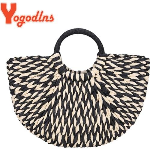 Yogodlns Fashion Straw Handbag Female Summer Half Moon Handle Bag Large Capacity Weave Beach Bag Vacation Handmade Lady Hand Bag