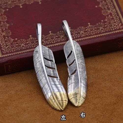 S925 Sterling Silver Jewelry Retro Thai Silver Simple Feather Brass Pendant for Men and Women
