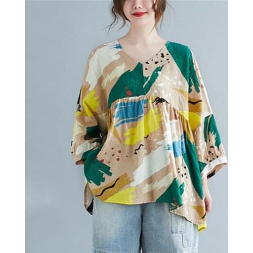 Oversized Women Cotton Linen Casual Blouses New Arrival 2021 Spring Simple Style Vintage Print Loose Female Tops T-shirts S3535