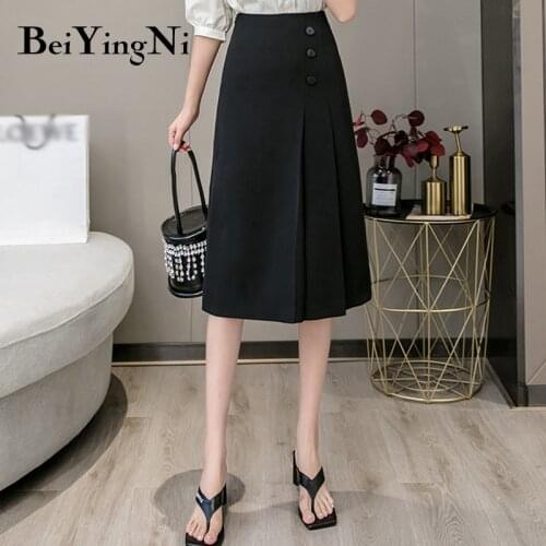 Beiyingni Elegant Office Ladies Skirts High Street 2020 Summer OL Korean Buttons Midi A Line Skirt Women Work Wear Saias Mujer