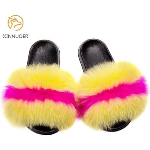 Ladies Fur Slippers High-end Multicolor Beautiful Fox Fur Sandals Genuine Real Hair Fashion Sexy Flat Slippers 2021 New Products