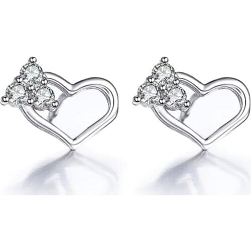 100% 925 sterling silver fashion heart design shiny crystal stud earrings for women wholesale jewelry birthday gift