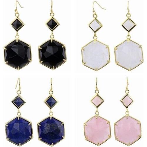 Fashion Natural Stone Hexagon Drop Earrings for Women 2019 Statement Ear Jewellery Geometric Faceted Pink White Crystal Earrings