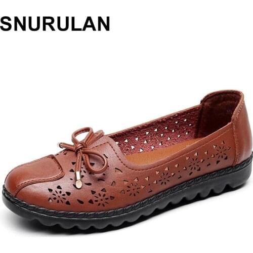 SNURULAN Women Flats 2021 Spring Summer Genuine Leather Casual Flat Shoes Femme Soft Slip On Loafers Flat Shoes mother walking