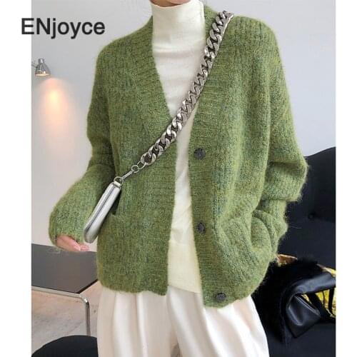 Autumn Winter Fashion Woolen Sweater Women Long Sleeve V-neck 2020 New Female Vintage Green Thick Knit Cardigan Tops