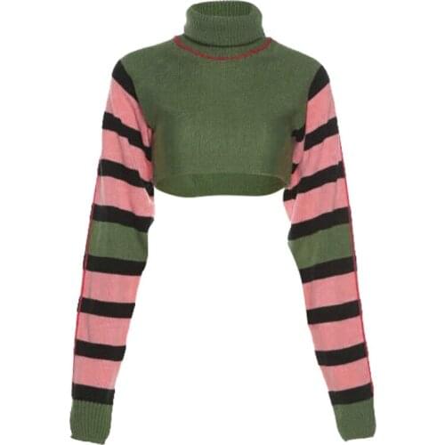 Autumn and winter new womens fashion design contrast color knit high neck long sleeve slim sweater women