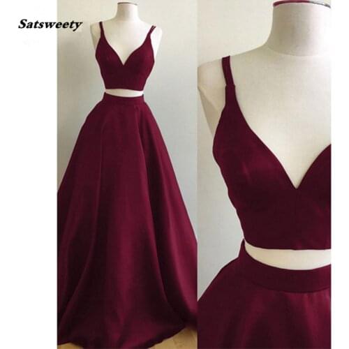 Simple Wine Red Long 2 Pieces Prom Gowns Short Tank With Long Skirt Fashion Bridesmaid Dresses To Party Vestido Longo De Festa