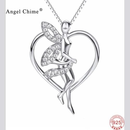 Women Fashion Flying Angel Love Heart Pendant 925 Sterling Silver Collier Statement Necklace Crystal CZ Jewelry Kolye For Women