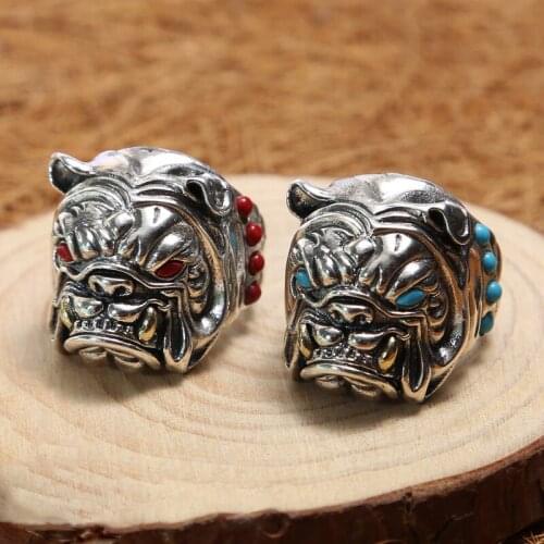 100%925 sterling silver jewelry exaggerated personality vintage Thai silver ring inlaid natural stone bulldog ring single man