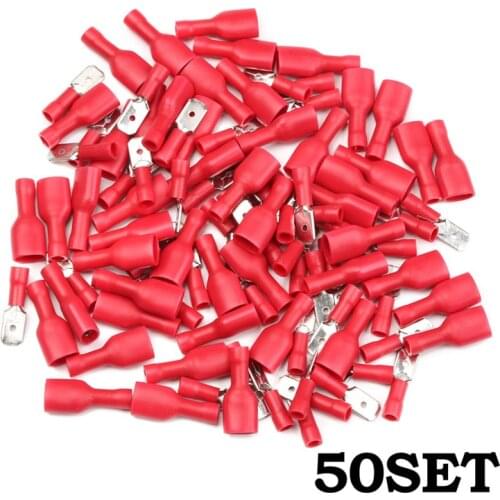 100Pcs/set Female + Male Spade Insulated Electrical Crimp Terminal Connectors FDFD 1.25-250 MDD1.25-250 6.3mm Wiring Cable Plug