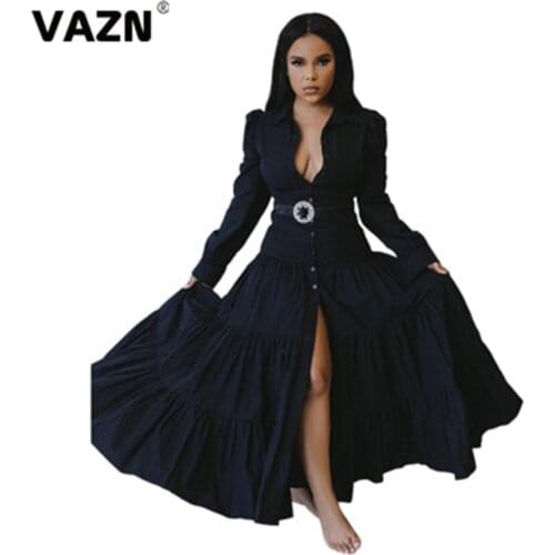 VAZN 2020 Black Fashion Mujer Sexy Chic Ladies V-Neck Solid Elegant Formal Maxi Dress Women Casual Sexy Dress Full Sleeve Dress