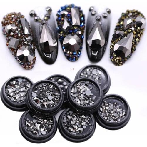 8box Crystals Nail Diamond Stone Strass Black Glass Rhinestones For 3D Nails Art Decorations Supplies