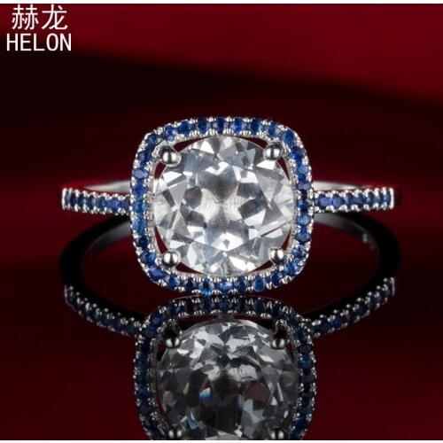 925 Sterling Silver Flawless Round 8mm 100% Genuine White Topaz 0.3ct Genuine Sapphires Engagement Wedding Fine Jewelry Ring
