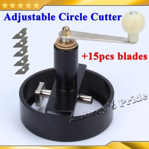 Free Shippin Metal Multi-Sizes Adjustable Round Rotary Circle Graphic Paper Cutte +15pcs Blade Die Board Button Maker